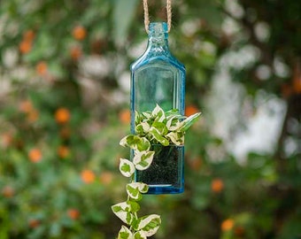 Upcycled Bombay Sapphire Bottle Hanging Planter – Recycled Glass Boho Decor for Indoor Outdoor Plants