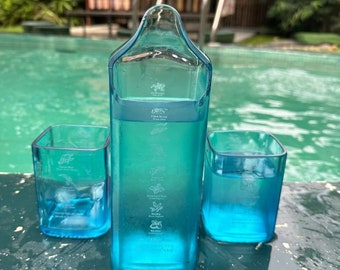 Upcycled Bombay Sapphire Gin Bottle Glasses with Jug – Handmade Recycled Blue Glass Drinkware Set, Eco Friendly Cocktail Barware Gift