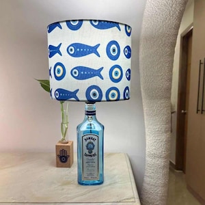 Bombay Sapphire Bottle Lamp with Blue Lampshade - Quirky Gin Lover's Gift, Christmas Gift, Unique Bar Lighting, Gin Bottle lamp, Table Lamp