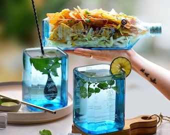 Upcycled Bombay Sapphire Gin Platter and Glasses Set – Handmade Recycled Blue Glass Barware