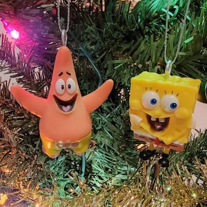 Custom SpongeBob SquarePants and Patrick Christmas ornament set.