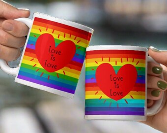 Pride Mug: Rainbow Heart, Love is Love Ceramic Coffee Cup