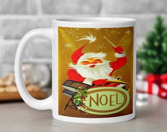Retro Santa Drummer Christmas Mug, Mid-Century Holiday Noel
