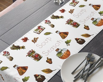 Soup Season Fall Autumn Table Runner Mushroom Pumpkin Fall Autumn Decor Polyester Unique Cozy Cute Kitchen Dining Fabric Cloth Gift For