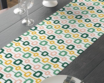 Polyester Table Runner, Atomic Green Yellow Squares Design, Home Decor, Kitchen Table Linens, Dining Room Decoration, Retro Kitchen Decor