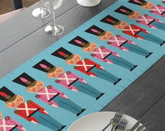Christmas Toy Soldiers Table Runner Blue Felt Midcentury Vintage Retro Decor Polyester Fabric Linens Decor Unique Cozy Cute Festive Dining