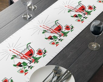 Christmas Cocktails Punchbowl 50s Mid Century Retro Poly Table Runner, Holiday Party Decoration, Festive Dining Table Decor, Kitchen Linens