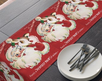 Christmas Table Runner Santa And Rudolph For You At Christmastime Red Retro Midcentury Vintage Kitsch Home Decor Unique Cozy Cute Polyester