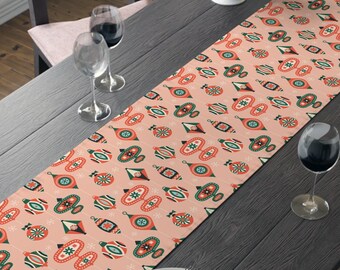 Festive Table Runner For Dining Room, Holiday Decor, Atomic Ornaments, Modern Table Decor, Midcentury Decor, Pink Christmas, Table Setting