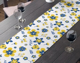 Ukrainian Country Flowers Table Runner Spring Polyester Fabric Tablecloth Kitchen Dining Floral Linen Blue Yellow Unique Ukraine Decor
