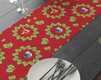 Christmas Table Runner Bluebirds Reindeer Holly Berry Wreath Midcentury Retro Vintage 1950s Polyester Cozy Cute Fabric Table Decor Linen