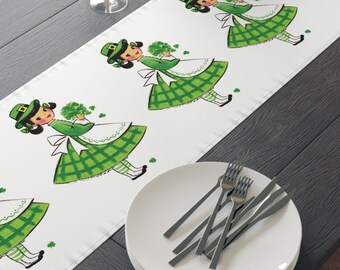 St. Patrick's Day Table Runner Midcentury Retro Girl Vintage Shamrock Clover Gathering Unique Cozy Cute Home Kitchen Dining Irish Decor