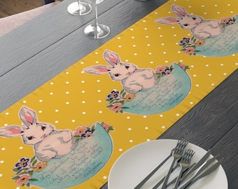 Easter Table Runner Vintage Bunny Egg Yellow Reusable Fabric Tablecloth Home Kitchen Dining Decor Reusable Spring Kitsch Easter Decoration