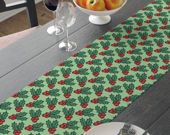 Cute Christmas Holly Table Runner Polyester Fabric Linen Unique Cozy Cute Winter Holiday Season Decoration Gift Party Kawaii Dining Kitchen