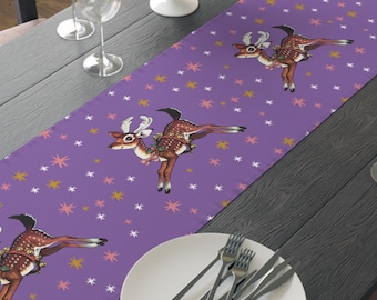 Christmas Reindeer Stars Purple Mid Century Retro Poly Table Runner, Holiday Decor, Festive Dining Table Decoration, Retro Christmas Table
