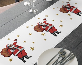 Santa Gold Stars Table Runner Diverse Black Santa Retro Midcentury 1950s 1960s Polyester Decor Cloth Linens Unique Cozy Cute Decoration