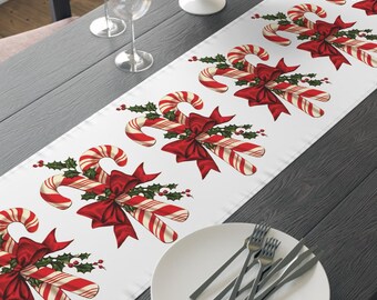 Retro Candy Canes Christmas Table Runner Home Decor Polyester Fabric Cloth Linens Unique Cozy Cute Dining Kitchen Dinner Party Decoration
