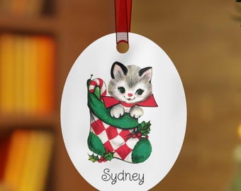 Personalized Cat Christmas Ornament, Midcentury Kitten in Stocking