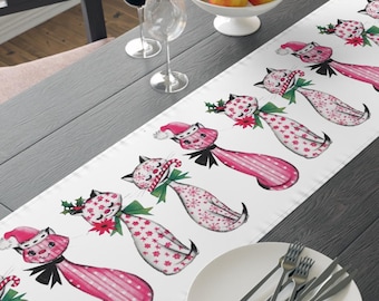 Retro Christmas Cats Table Runner Polyester Fabric Cloth Linen Unique Cozy Cute Decor Winter Holiday Midcentury Vintage Decoration Party For