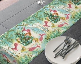 Mermaids Under The Sea Around The Christmas Tree Mid Century Retro Christmas Print Home Decor Cotton Polyester Table Runner Unique Cozy Cute