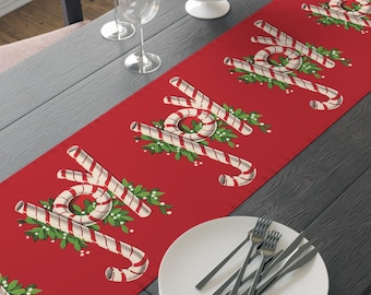 Joy Candy Canes Retro Christmas Table Runner Polyester Fabric Linen Cloth Unique Cozy Cute Midcentury Vintage Dining Kitchen Decor Gift For