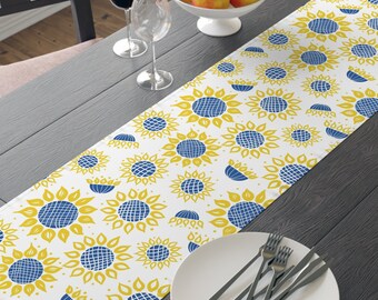Ukrainian Sunflowers Table Runner Blue Yellow Floral Home Decor Polyester Tablecloth Kitchen Dining Country Flowers Support Ukraine Peace
