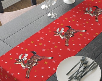 Leaping Reindeer Christmas Table Runner Stars Red Midcentury Retro Vintage 1950s 1960s Decor Polyester Unique Cozy Cute Winter DIning Cloth