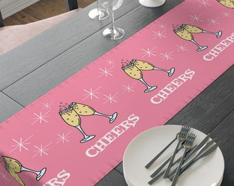 Retro Champagne Table Runner, Atomic Midcentury Style Decor, Bridal Shower Linen, Cheers Congratulations Toast, Polyester Cloth Decoration