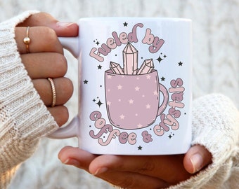 Fueled By Coffee And Crystals Spiritual Celestial Glossy Ceramic Coffee Mug Kitchen Home Decor Unique Cozy Cute Gift For Witchy Spiritual
