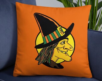 Halloween Witch Pillow Orange Retro Vintage Illustration Full Moon Square Throw Bedding Gothic Unique Cozy Cute Home Decor Gift For Her Him