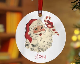 Personalized Santa Metal Ornaments, Vintage Holiday Decor, Christmas Tree Decorations, Custom Name Ornaments, Unique Gift, Retro Midcentury