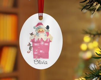 Personalized Christmas Metal Ornaments, Cute Holiday Decorations, Custom Santa Gift, Gift Tags, Tree Ornaments, Holiday Keepsakes, Pink Xmas