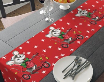 Christmas Mouse Table Runner Scooter Santa Hat Midcentury Retro Fabric Linen Polyester Kitsch Unique Cozy Cute Decoration Winter Holiday