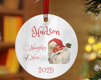 Personalized Metal Christmas Ornament, Holiday Decor, Santa's Naughty or Nice List, Custom Name Ornament, Keepsake Gift, Retro Santa Gift
