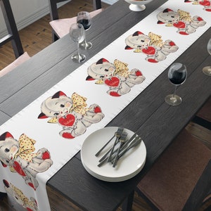 Mid Century Kitten Valentine Table Runner Retro Vintage Cat Love Day Home Dining Decor Unique Cozy Cute Gift For Her Adorable Decorations