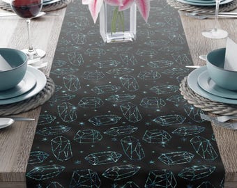 Gemstone Table Runner - Geometric Design for Home Decor, Mystical Crystals Table Decor, Celestial Cloth, Kitchen Dining, Tarot Tablecloth