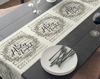 Christmas Table Runner O Holy Night Wreath Retro Sheet Music Vintage Cotton Poly Holiday Fabric Cloth Home Table Decor Decorations Gift For