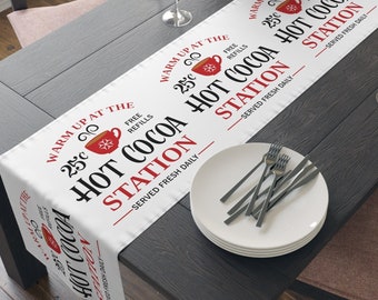 Christmas Table Runner Warm Up At The Hot Cocoa Station Poly Fabric Cloth Unique Cozy Cute Holiday Home Decor Drink Bar Gift For Her Friend