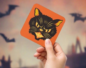 Cute Halloween Coaster Black Cat Retro Vintage Print Orange Corkback Water Resistant Spooky Cute Unique Kitchen Home Decor Gift For Friend