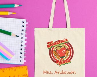 Teacher Vibes Cotton Canvas Tote Bag Eco-Friendly Custom Gift Back to School Personalized Teacher Gift Classroom Supplies Bag Reusable
