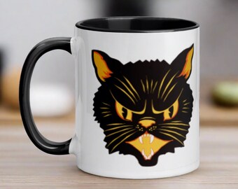 Retro Halloween Mug Vintage Black Cat Ceramic Coffee Cup Glossy Black Lined Unique Spooky Cute Gift For Friend Her Him Fall Home Decor