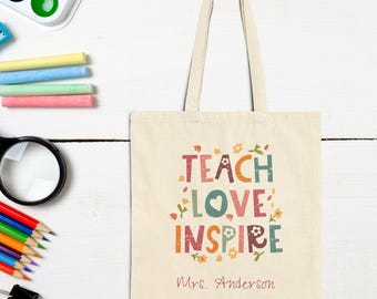 Teacher Tote Bag Teach Love Inspire Floral Personalized Gift for Educators Back to School Classroom Supplies Eco-Friendly Custom Name Unique
