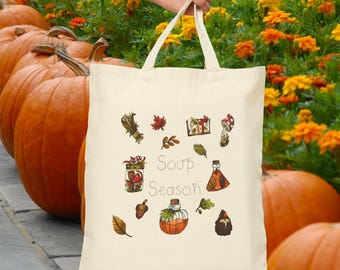 Soup Season Fall Tote Bag, Botanical Canvas, Eco-Friendly Shopping Bag, Reusable Grocery Tote, Summer Outing Essential, Cottagecore Bag