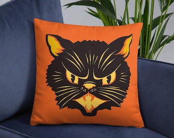 Black Cat Halloween Retro Vintage Midcentury Square Pillow Unique Spooky Season Cute Home Decor Gift For Him Her Gothic Fall Autumn Throw