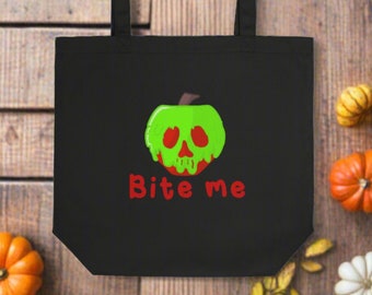 Halloween Tote Bag Bite Me Poison Apple Evil Queen Snow White Large Eco Cotton Fabric Travel Unique Spooky Cute GIft For Friend Theme Park