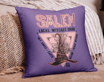 Salem Local Witches Union Purple Square Pillow Witchy Aesthetic Spooky Cute Unique Home Decor Gift For Celestial Halloween Throw Decoration