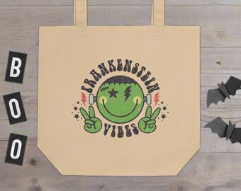Frankenstein Vibes Eco Tote Bag Large Halloween Distressed Gothic Horror Spooky Cute Monster Unique Gift For Friend Reusable Eco Friendly