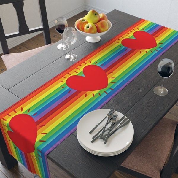 Rainbow Pride Table Runner Corazones rojos amor algodón poli tela tela decoración regalo para amigo primavera vacaciones cocina comedor colorido