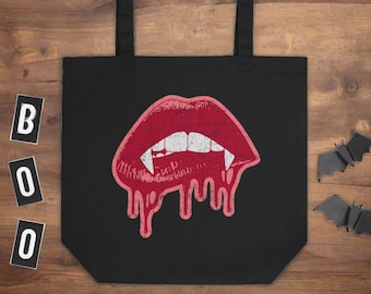 Vampire Tote Bag Halloween Tote Bag Fangs Bloody Lips Fangs Unique Spooky Gothic Cute Gift For Friend Large Eco Canvas Cotton Travel