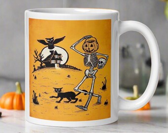 Halloween Mug Skeleton Jack O Lantern Trick Or Treat Black Cat Owl Spooky House Ceramic Cup Retro Vintage Art Unique Cute Gift For Friend